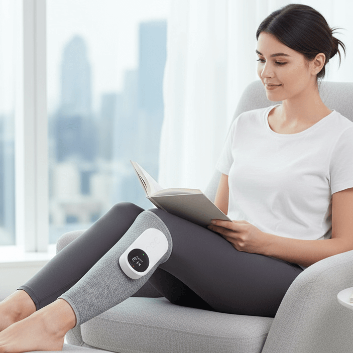 Woman using a leg massager while reading a book in a modern living room.