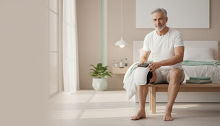 Man sitting on a wooden stool in a bedroom wearing Neuro Knee Massager